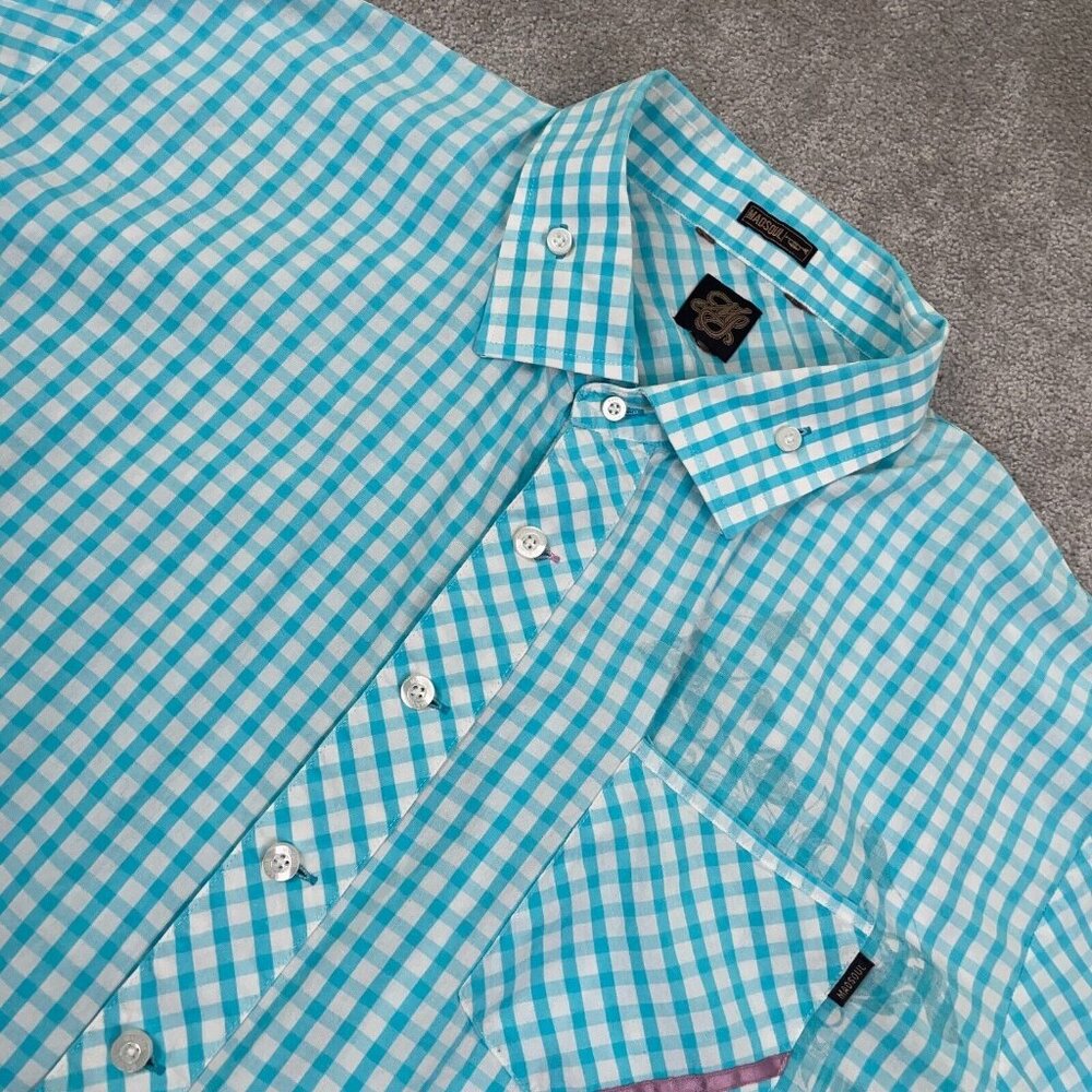 Vintage MadSoul Shirt Men's Sz 2XL Blue Check Flip Birds Trumpet Music Button Up